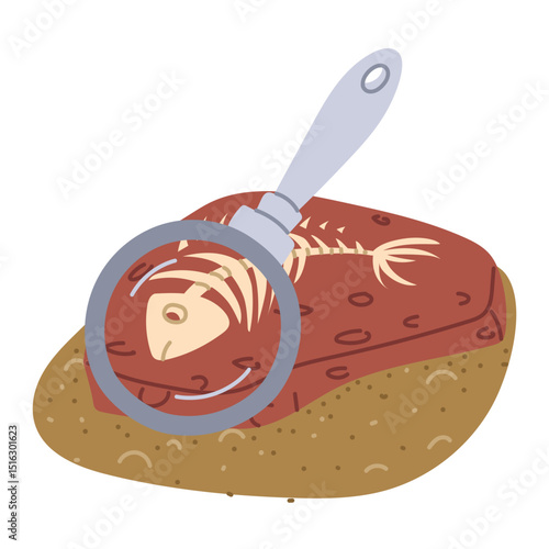 Fossils with fish bones in sand with an archaeologist's magnifying glass. Study of find. paleontological find. for decorating books and posters on the topics of paleontology, plant and animal history
