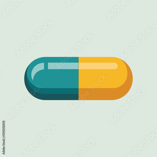 Vector illustration of a medical capsule pill in teal and yellow colors, representing healthcare treatment and pharmaceuticals in flat design