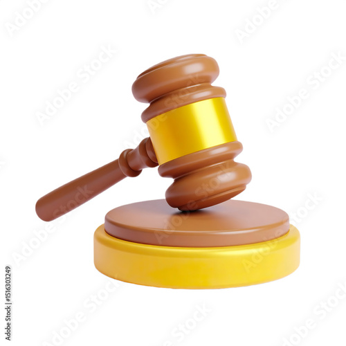3D cartoon wooden gavel, justice symbol, legal concept, 3D rendering, brown and gold colors, Isolated on transparent background
