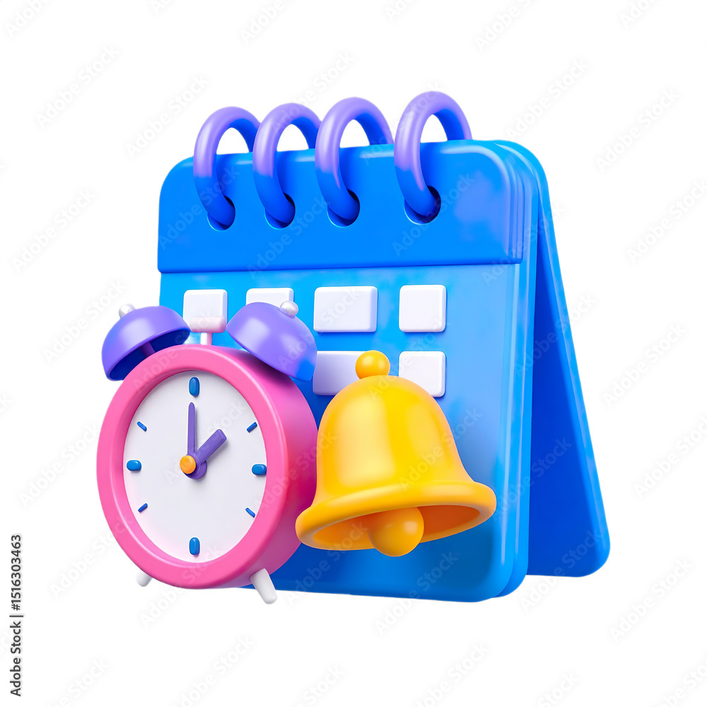 Fototapeta premium 3D illustration, calendar icon, clock icon, bell icon, time management concept, scheduling, Isolated on transparent background