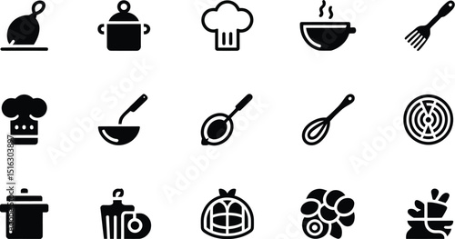 A collection of black and white kitchen related icons arranged in a grid on a white background