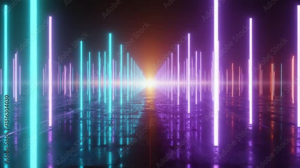 A surreal digital skyline vertical neon beams a bright glowing singularity. beams turquoise, pink, simulating data streams. glass floor. Lens flares Abstract, futuristic, cosmic, wide-angle lens A surreal digital skyline vertical neon beams a bright glowing singularity. beams turquoise, pink, simulating data streams. glass floor. Lens flares Abstract, futuristic, cosmic, wide-angle lens