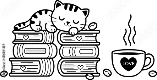 Cute cat napping on stack of books coffee cup