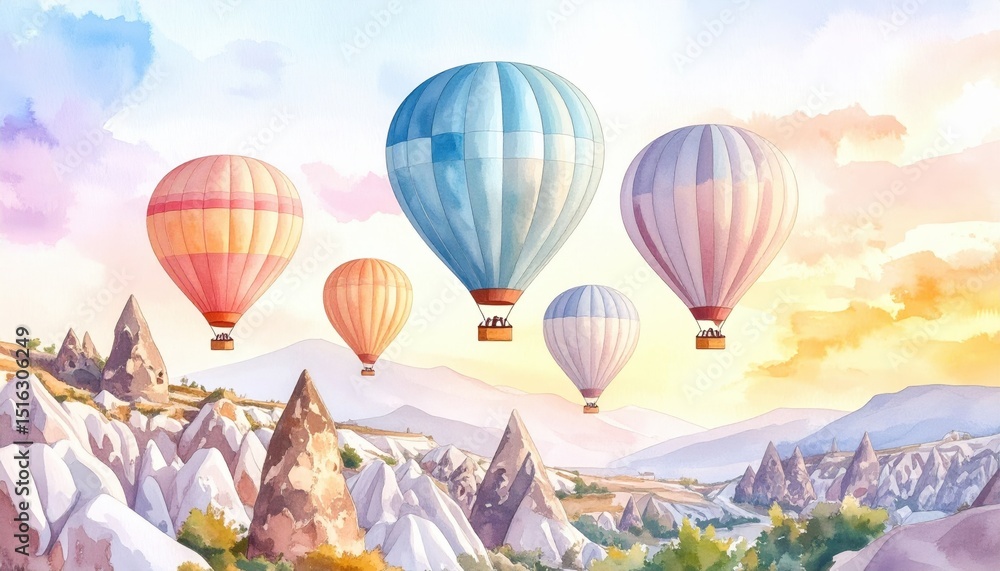 Obraz premium Colorful Hot Air Balloons Over Cappadocian Landscape at Sunrise