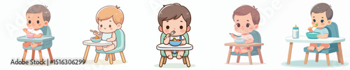 vector of a cute baby eating in a baby chair