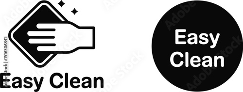 Easy clean icons featuring a hand wiping a surface and a black circle with easy clean text inside