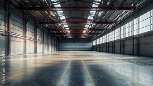 Large empty warehouse with concrete floor and natural light, a storage facility
