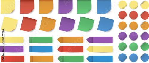 Collection of multicolored sticky notes, paper tags, and labels in square, round, and ribbon shapes. Ideal for planners, reminders and presentations