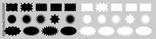 Set of abstract black and white badge shapes with wavy, starburst, and zigzag edges. Perfect for labels, stickers, sale tags, or retro graphic design