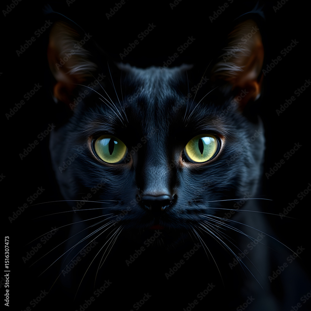 a sleek black cat with mesmerizing, luminous green eyes emerging from the darkness a sleek black cat with mesmerizing, luminous green eyes emerging from the darkness