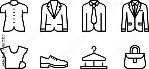 A set of clothing icons including shirts suits shoes hanger and briefcase in black outline style