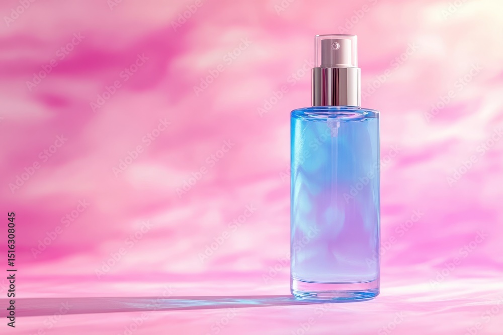 Blue mist sprayer bottle stands against pink, cloudy background. Use to show fragrance, skincare, or beauty product in an aesthetic manner. Blue mist sprayer bottle stands against pink, cloudy background. Use to show fragrance, skincare, or beauty product in an aesthetic manner.
