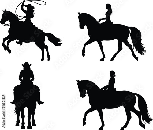 Silhouette set of girls riding horses including cowgirl, lasso, and equestrian poses in black on white background
