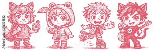 Set of four cute red sketch chibi characters. Includes a fox with donut, frog child with leaf umbrella, boy on roller skates, and cat-eared rocker with guitar. Vector art.
