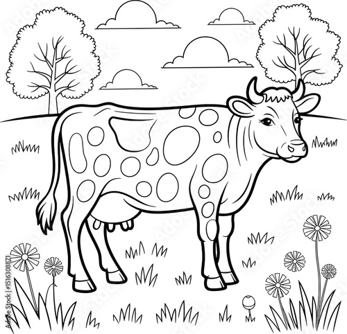Adorable spotted cow grazing in sunny meadow