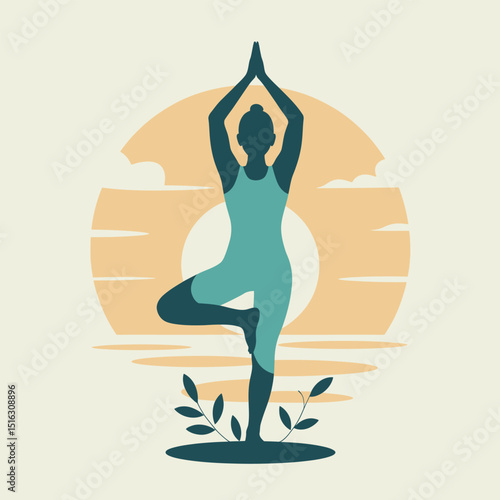 Silhouette of a woman performing yoga tree pose with sun and clouds in a peaceful wellness illustration