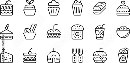 Various food and beverage icons in black outline on a white background displaying desserts and meals