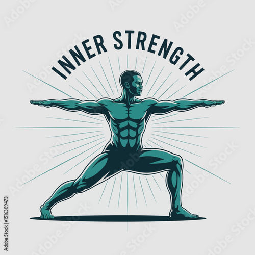 A muscular male figure poses in a warrior two yoga position embodying inner strength and vitality a teal illustration with radiating lines.