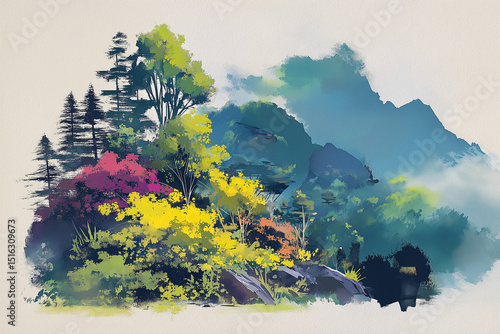 illustration of lush landscape in style of hand painting