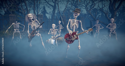 Halloween party: eerie music group playing rock in frightening gothic graveyard. Amusing skeletons dancing, playing guitars and drums.