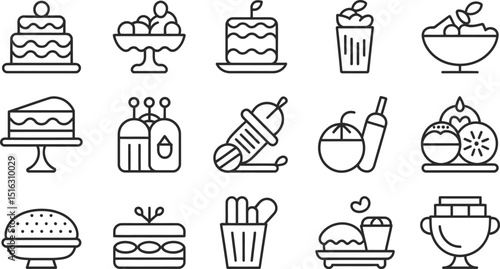A set of line art icons depicting various desserts and food items arranged in a grid pattern