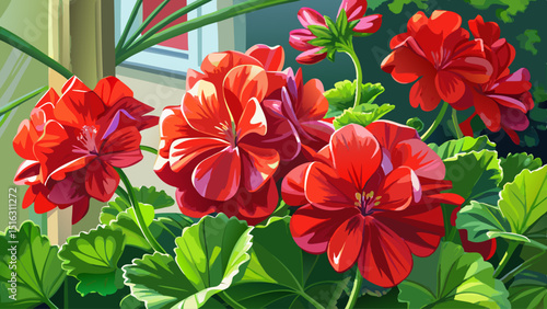 A vibrant cluster of red geranium blooms nestles among fuzzy green leaves. Sunlight catches the petals' soft texture in this natural close-up from a European balcony or garden.

