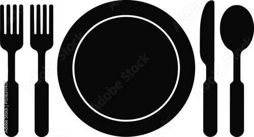A black and white illustration of a plate setting with forks knife and spoon on a gray background