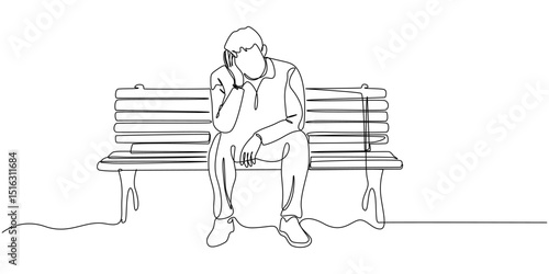 Continuous one line drawing of sad man sitting alone. Single line drawing illustration of thinking man, Man sitting alone on bench continuous line drawing, back view. One line art concept of lonelines