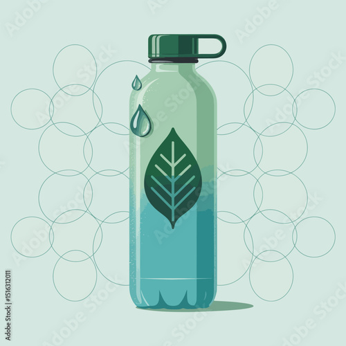 Eco-friendly reusable water bottle depicting sustainable living and environmental consciousness with leaf and water drop illustrations.