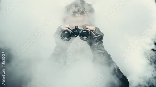 Mysterious Woman with Binoculars in a Smoky Background