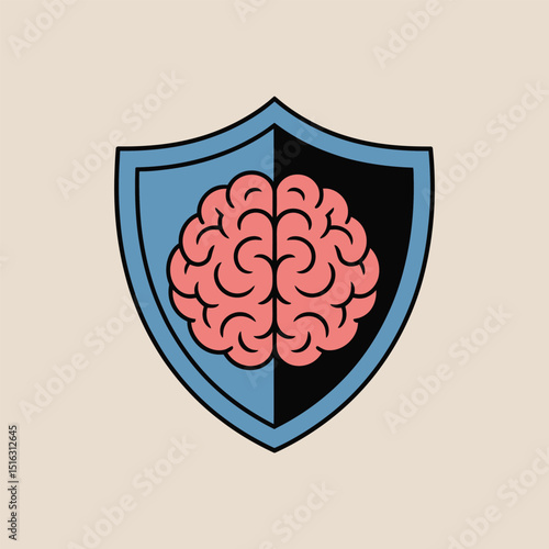 Brain symbol within a shield illustrating intelligence cognitive functioning and mental protection in a vector graphic design