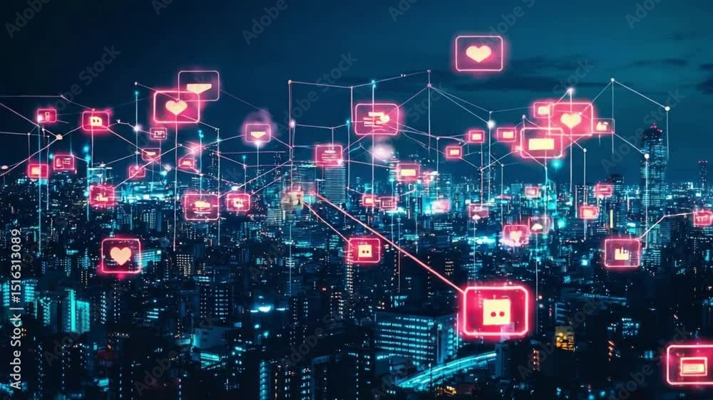 Urban skyline with digital connectivity and graphic overlays at night Urban skyline with digital connectivity and graphic overlays at night