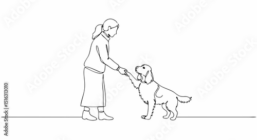 Woman shaking paws with dog in a simple line drawing style  
