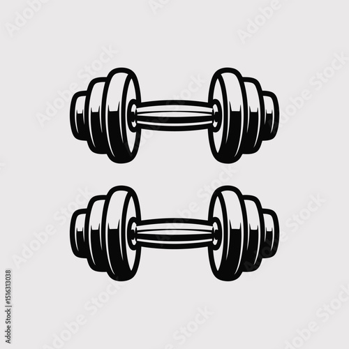 Two black and white dumbbells illustration on a white background representing fitness strength training and exercise