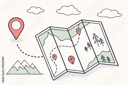 Stylized generic folded map with a dotted path highlighted from start to a destination marker, adventure and exploration journey gradients