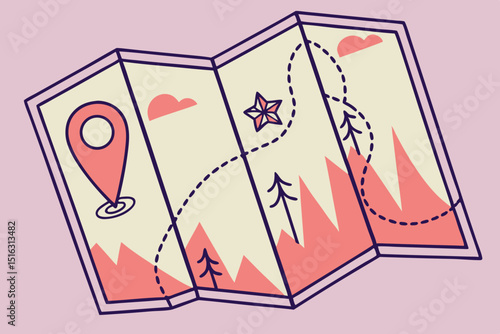 Stylized generic folded map with a dotted path highlighted from start to a destination marker, adventure and exploration journey gradients