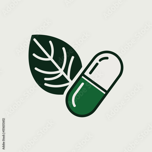 Green capsule and leaf concept for herbal medicine and natural remedies illustration against a plain white background
