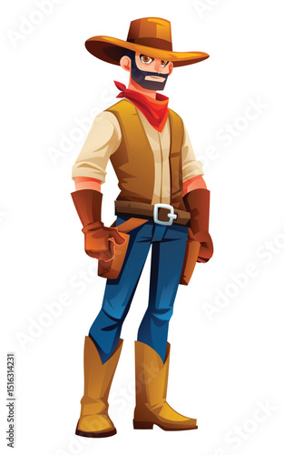 Cowboy standing confidently, ready for adventure. Vector cartoon character illustration