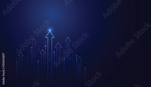 business investment arrow up. growth arrow line technology dark blue background. internet network high speed on dark blue financial background. vector illustration hi-tech design.