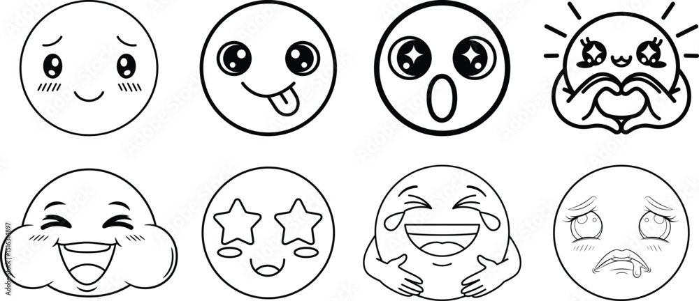 Kawaii Emoji Outline Vector Set with Hand Gestures and Cute Faces for World Emoji Day Celebration Kawaii Emoji Outline Vector Set with Hand Gestures and Cute Faces for World Emoji Day Celebration