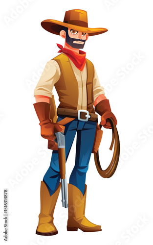 Cowboy holding shotgun and lasso. Vector cartoon character illustration