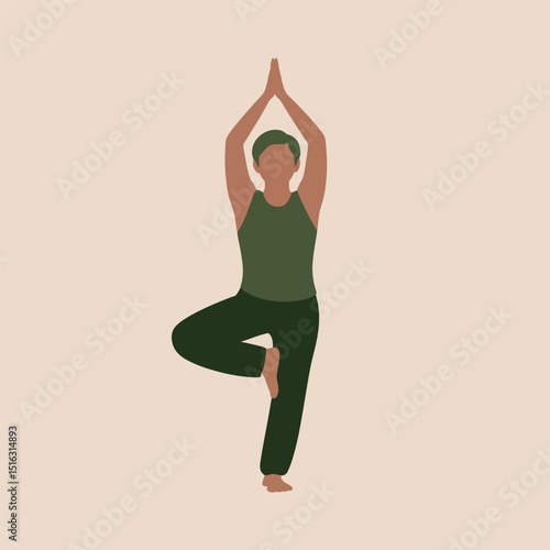 Simplified illustration of a person in tree pose performing yoga for mindfulness and wellbeing on a soft beige background
