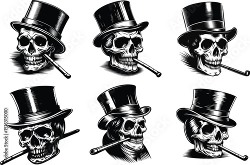 Silhouettes skull vector illustrations wearing top hats and smoking pipes