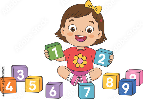Smiling toddler playing with colorful number blocks, early learning educational toys for preschool kids, promoting math skills and creativity in playful environments