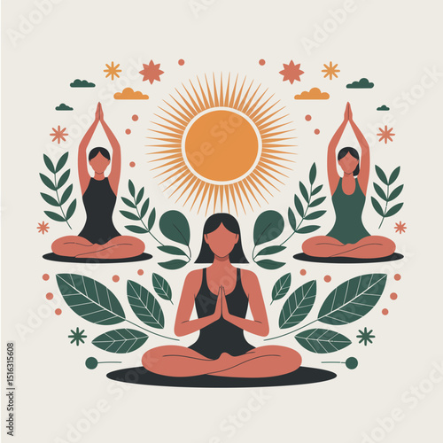 Women practicing yoga poses surrounded by nature elements and sunshine in a bohemian style illustration