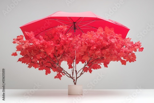 a red umbrella bursting open mid-air into a vibrant explosion of crimson maple leaves, each rib morphing into delicate stems, captured isolated in a high-end