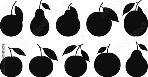 A collection of fruit silhouettes featuring pears and apples arranged on a white background in rows