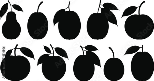 Ten silhouette fruit images including apples plums and a pear arranged in two rows on white