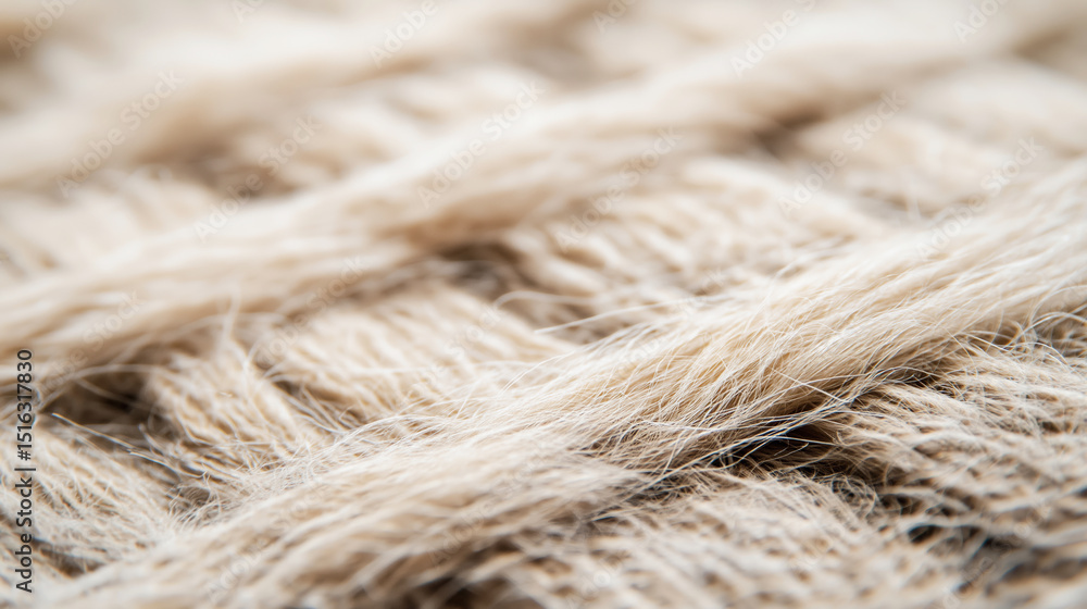 Fototapeta premium Recycled beige fabric revealing textured weave, natural fibers interlacing with subtle shadows and soft lighting highlighting intricate surface pattern