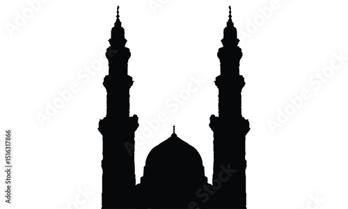 Masjid e Nabvi Silhouette, Silhouette of a Mosque with Minarets and Dome, silhouette of a mosque in Istanbul on a white background